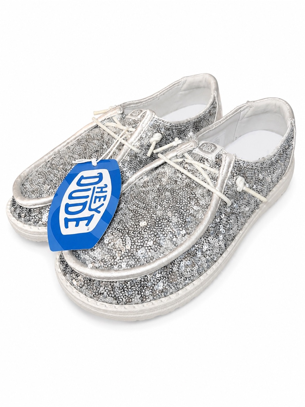 🆕 Hey Dude Wendy Sequin Satin Silver White Slip On Shoes Women’s 8, 9